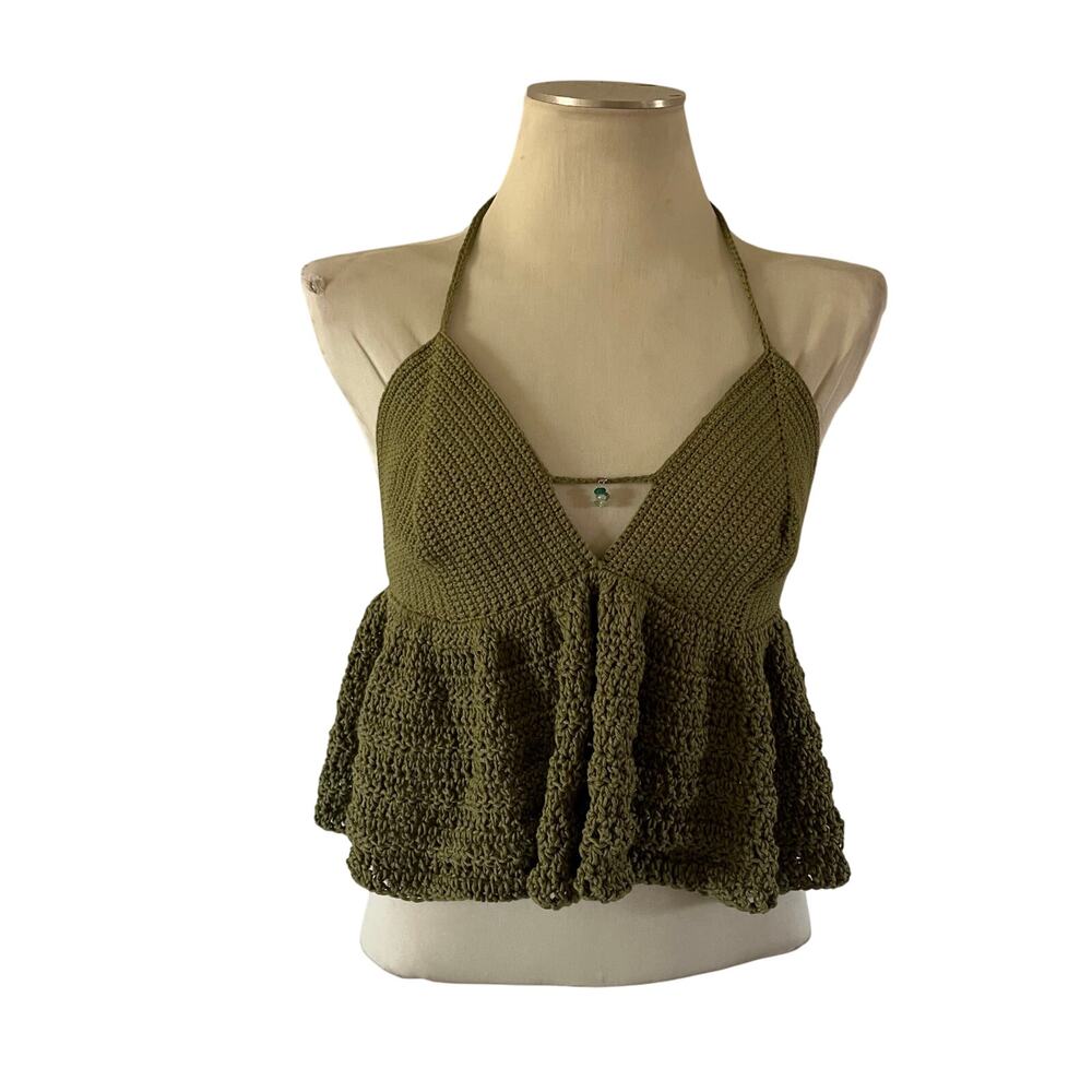 Green Crochet Gemstone Ruffle Halter Tank Top Sz L/XL Forest Fairy Festival
